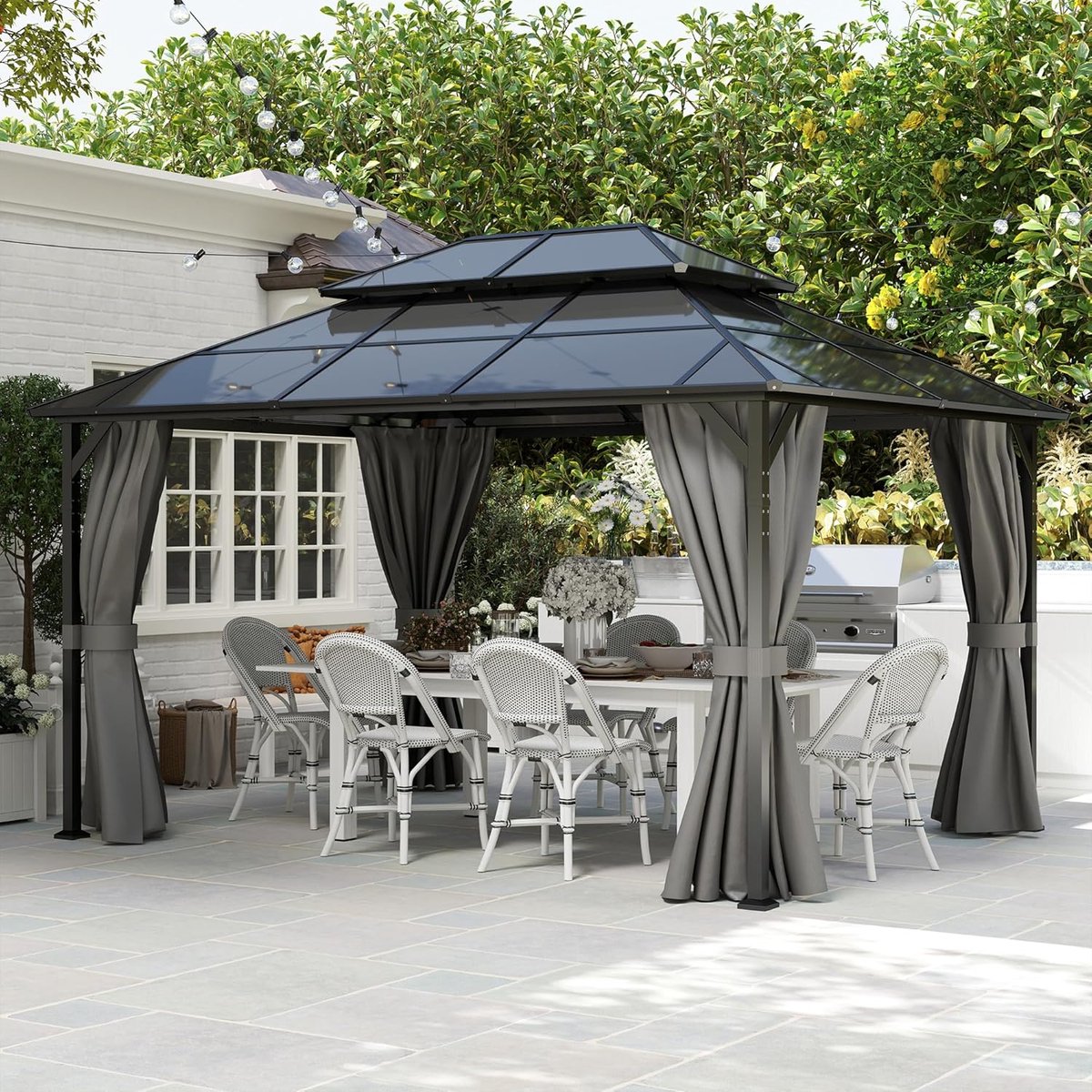 Tuinpaviljoen 3x4m Hardtop Aluminium – Polycarbonaat Dubbel Dak Waterdicht UV99% met Zijpanelen – Luxe Terras Overkapping Grijs | Laura