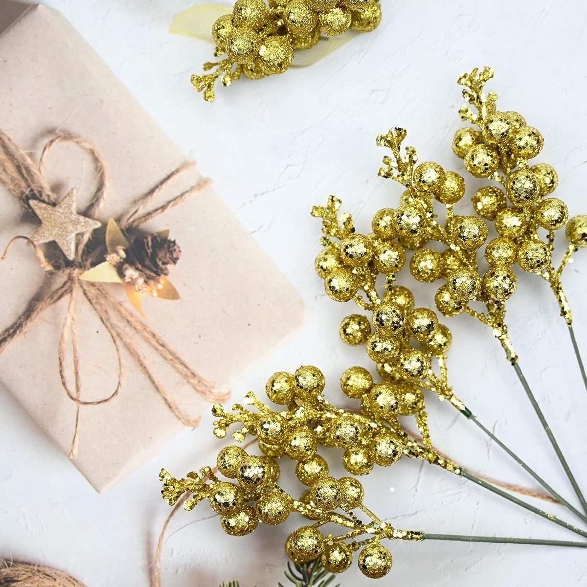20 Stuks Gouden Glinsterende Bes Stelen – Kunstmatige Kerstboomversiering – Voor Kerstboomvulling, Zelfgemaakte Kerstkrans, Feest- en Woondecoratie – foto 3