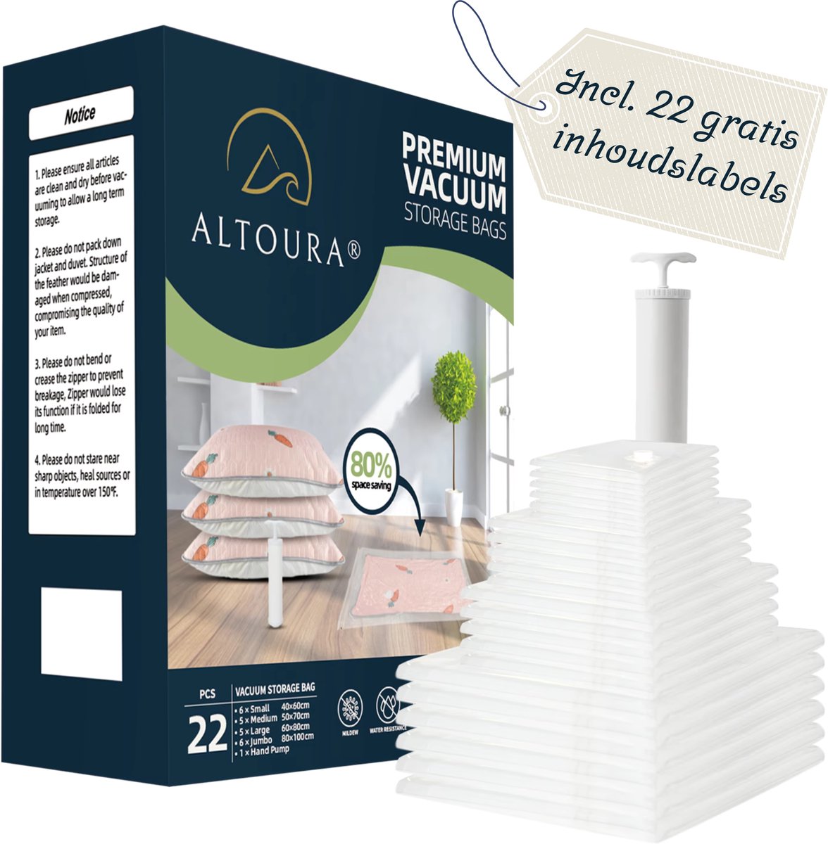 Altoura® Vacuumzakken Kleding & Dekbedden - XXL Set - 22 Stuks - Vacumeerzakken - Herbruikbaar - Reiszakken voor koffer - Vacuum Opbergzakken - Compressiezakken - Vacuum Bags