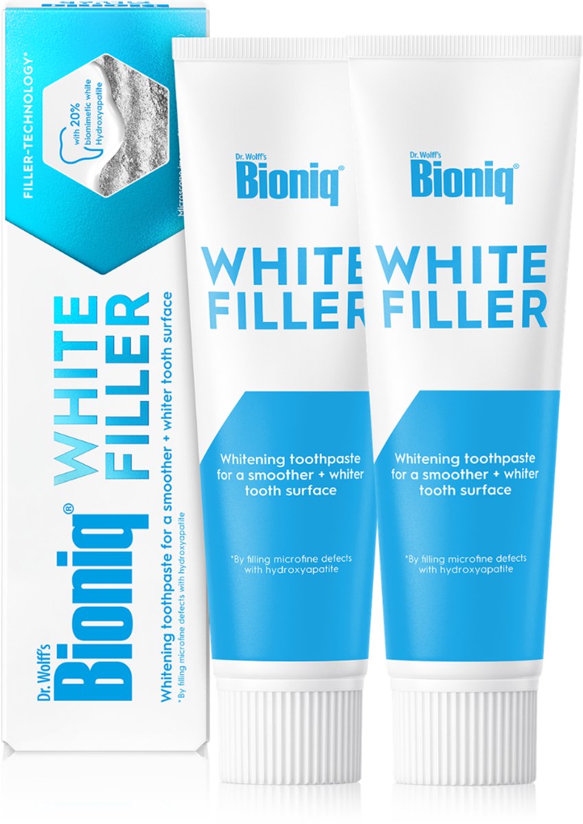 Bioniq White Filler Tandpasta – Zachte whitening met 20% kunstmatig wit tandglazuur, hydroxyapatiet – beschermt & versterkt – fluoridevrij – 2x 100 ml