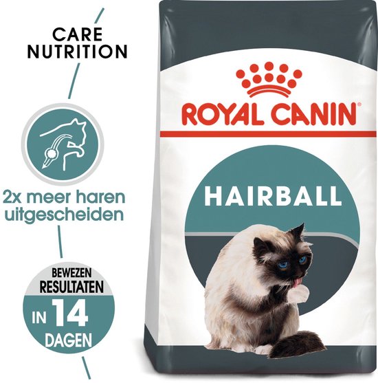 Zak Royal Canin Hairball Care met op de voorkant een witte kat met blauwe ogen die zijn poot likt. 2x meer haren uitgescheiden in 14 dagen.