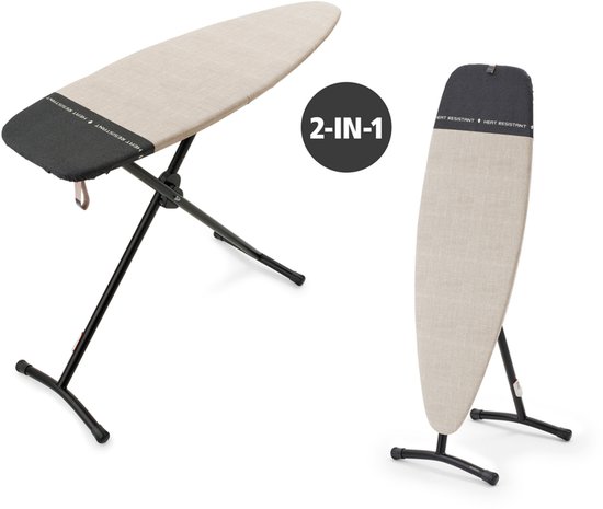 Twee strijkplanken: één in gebruik, de ander staand. '2-IN-1' logo.
