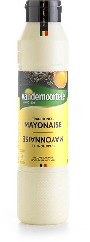 Vandemoortele traditionele mayonaise fles met gele en zwarte etiketten.