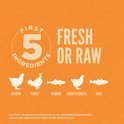 Orijen 'First 5 Fresh or Raw' ingrediënten: kip, kalkoen, haring, kippenmaagjes, hake.