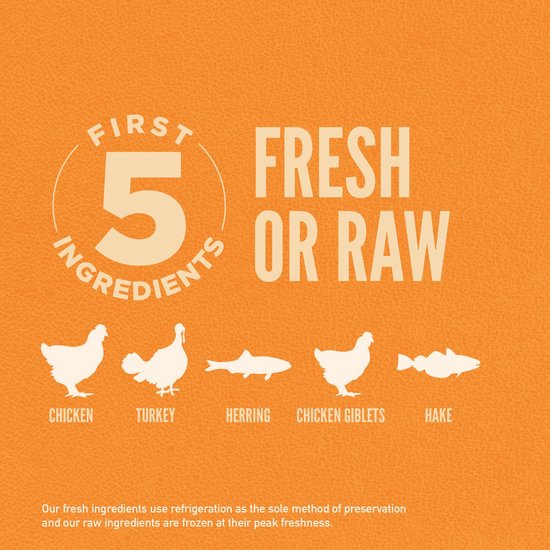 Orijen 'First 5 Fresh or Raw' ingrediënten: kip, kalkoen, haring, kippenmaagjes, hake.