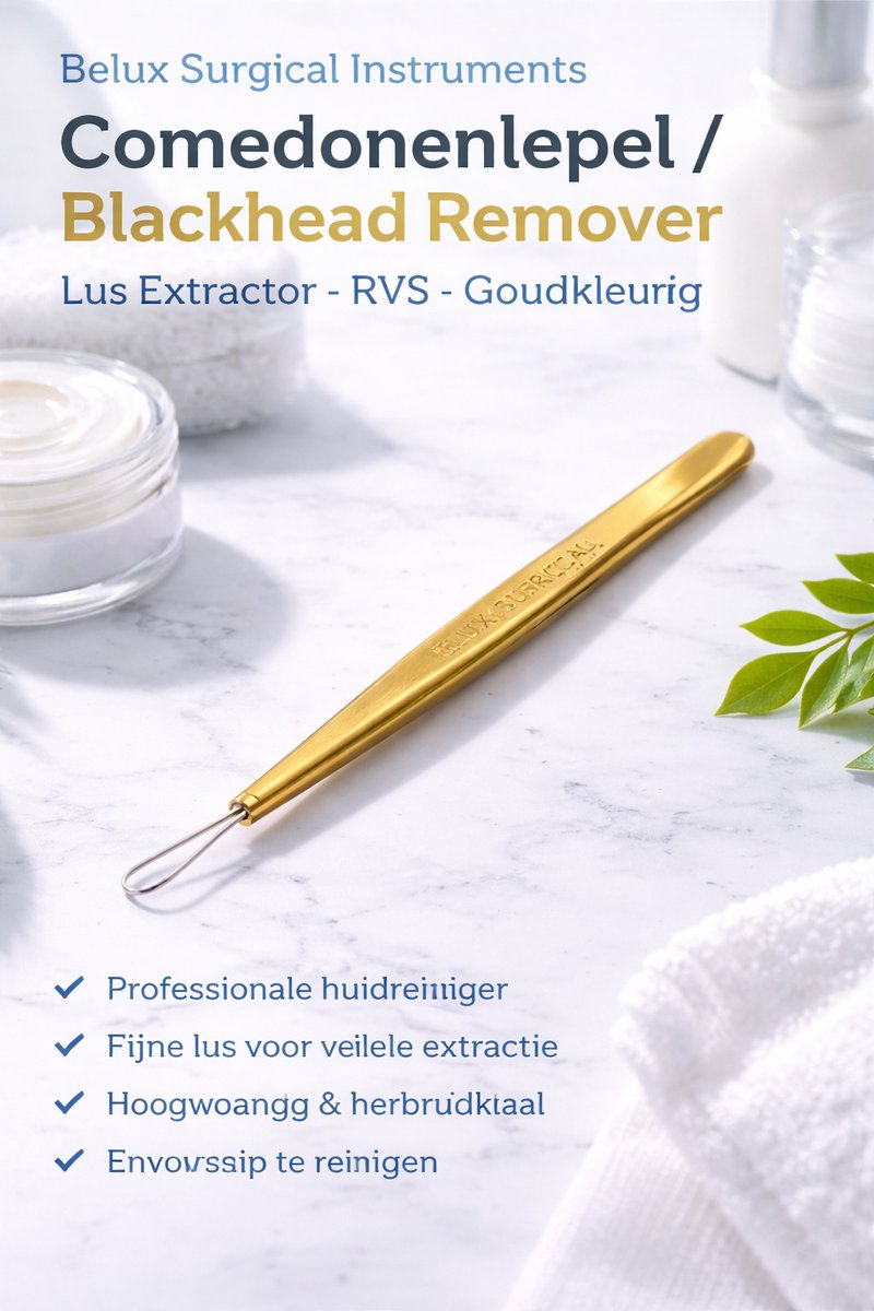 Belux Surgical Instruments – Comedonenlepel / Mee-eter Verwijderaar – Lus Extractor – RVS – Goudkleurig – Huidreiniger Tool – Herbruikbaar & Hygiënisch