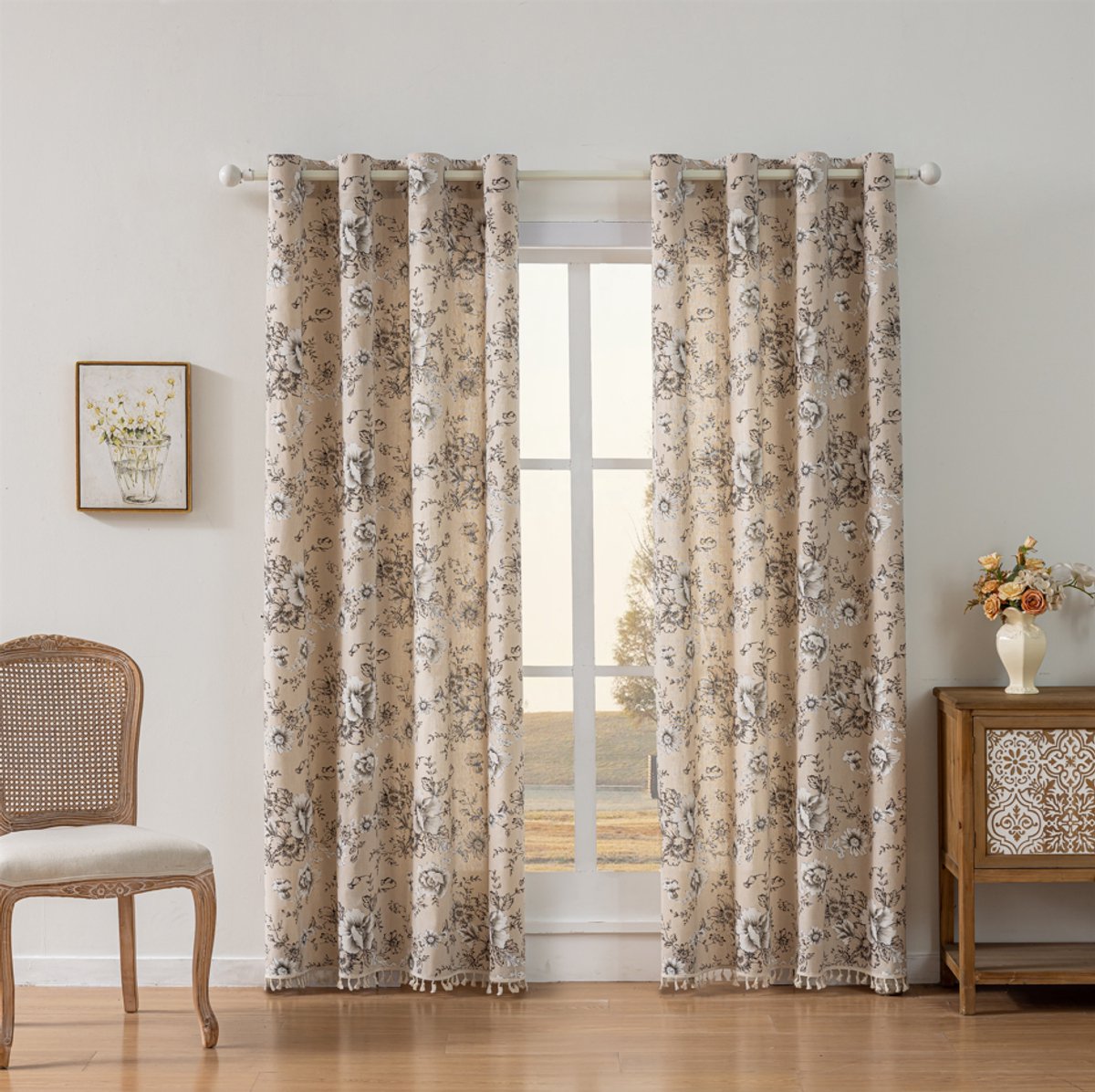 Floraweg bloemengordijnen in rustieke stijl met zwart-witte lijntekeningen en handgeknoopte kwastjes – decoratieve gordijnen in Franse stijl voor slaapkamers en woonkamers, 140x220cm