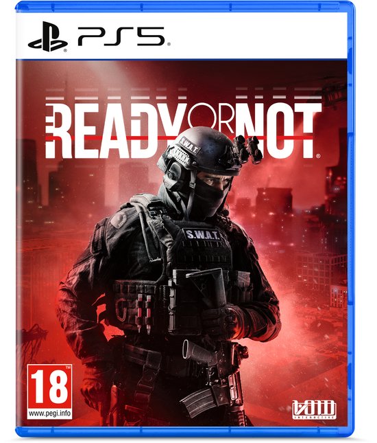 Cover art van Ready or Not PS5 toont een SWAT-agent met helm en wapen, stadslichten op de achtergrond.