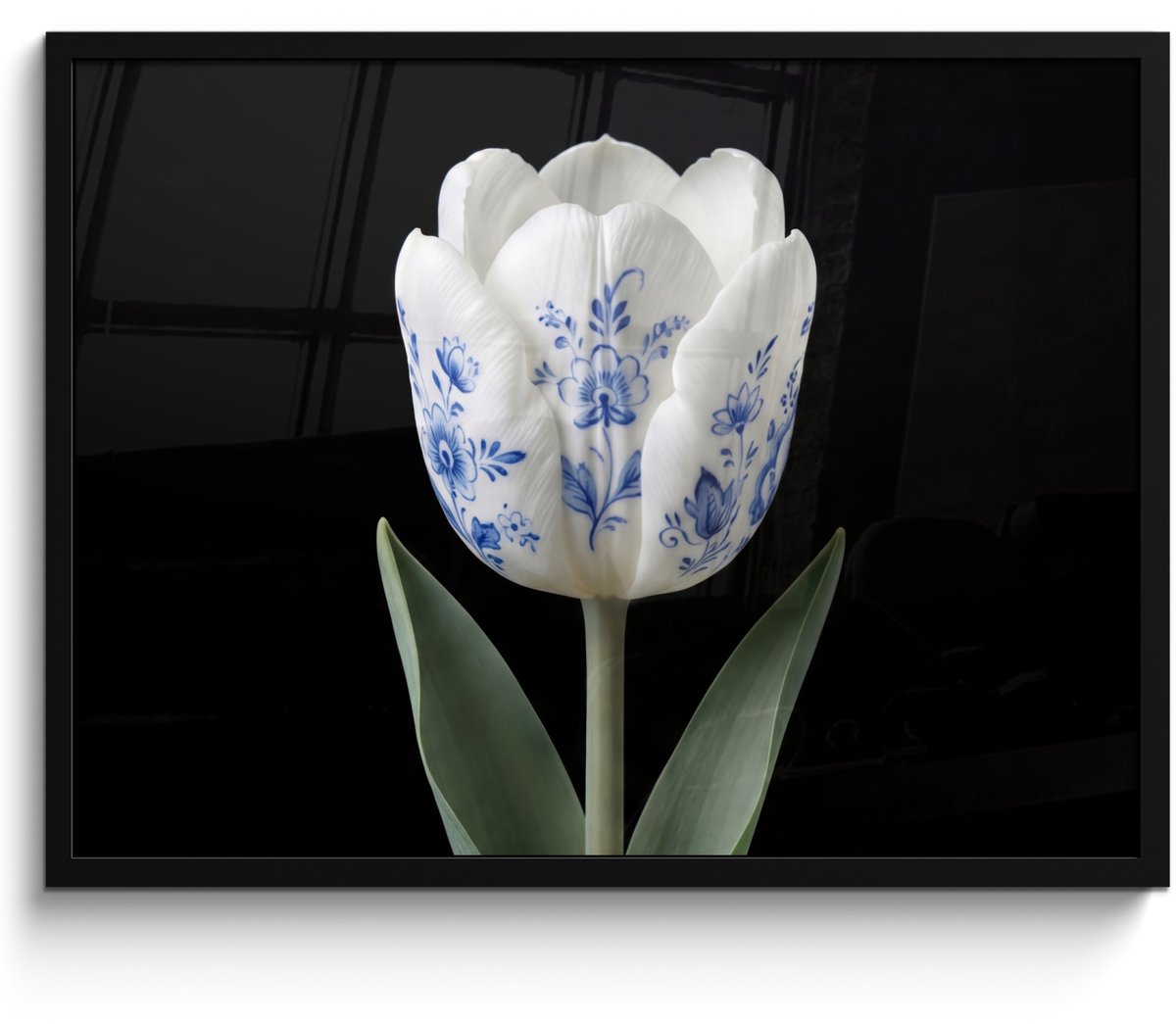 FrameYourWall Poster in lijst - Fotolijst 70x50 cm - Posters - Tulp - Patroon - Blauw - Posterlijst zwart - Decoratie - Wanddecoratie woonkamer - Muurdecoratie slaapkamer