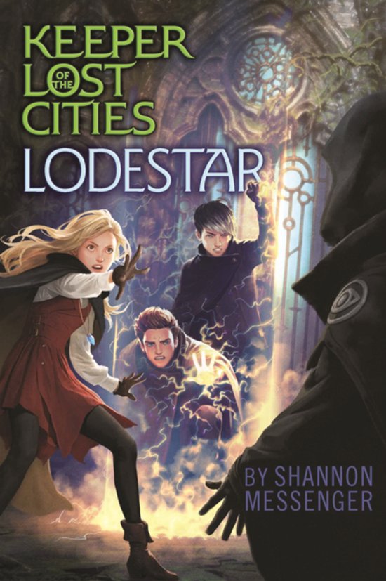 Boekomslag: Sophie en haar vrienden vechten tegen een duistere figuur, met "Keeper of the Lost Cities Lodestar" geschreven op de voorkant.