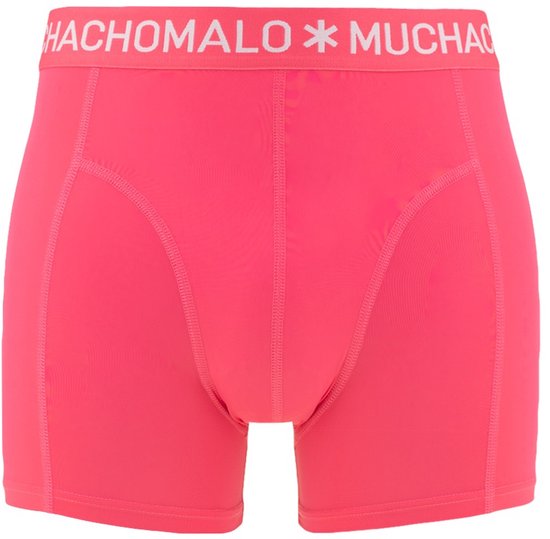 Koraalkleurige boxer met een elastische tailleband met tekst.