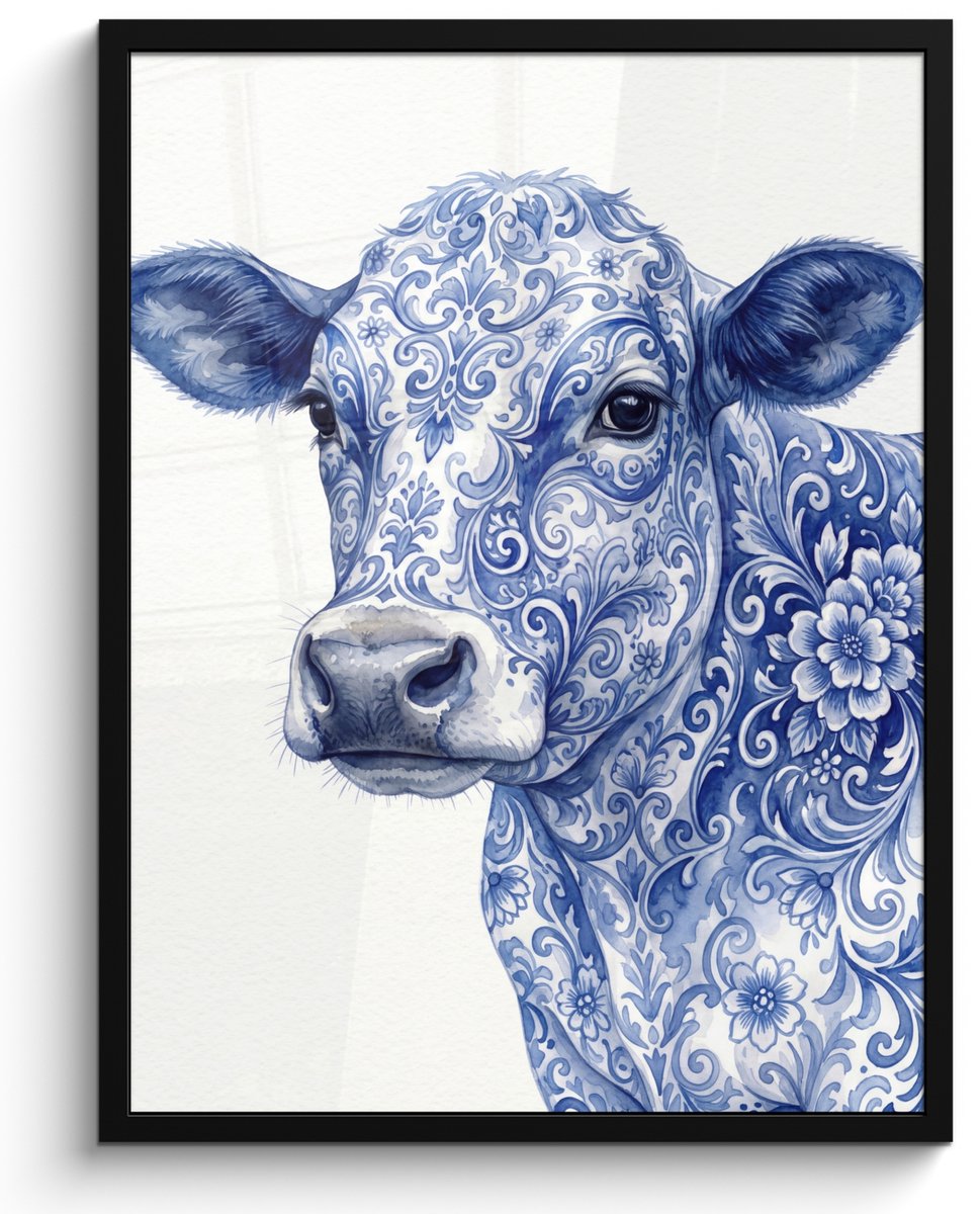 FrameYourWall Poster in lijst - Fotolijst 60x80 cm - Posters - Illustratie - Koe - Blauw - Posterlijst zwart - Decoratie - Wanddecoratie woonkamer - Muurdecoratie slaapkamer