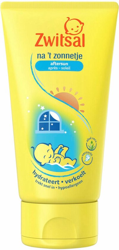 Gele tube Zwitsal na 't zonnetje aftersun lotion. Met illustratie van een slapende baby met zonsondergang en nachtillustratie.