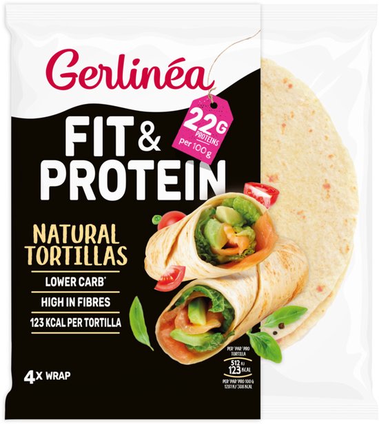 Gerlinéa Fit & Protein Natural Tortillas, 4 wraps. Tortillas met 22g proteïne per 100g.