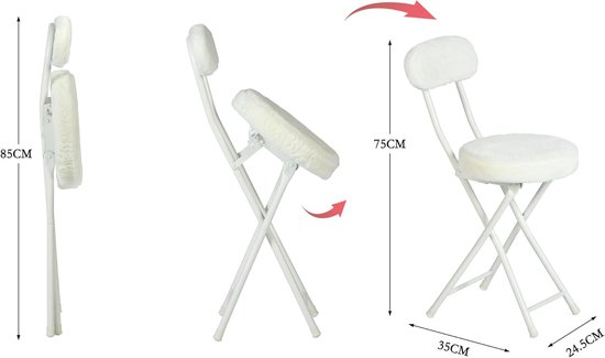 Folding Chair with Backrest and Footrest 45x30x75 cm – White Faux Fur Comfortable Guest Chair, Camping Chair, Extra Seating, Space-Saving, Portable – Laura — afbeelding 5