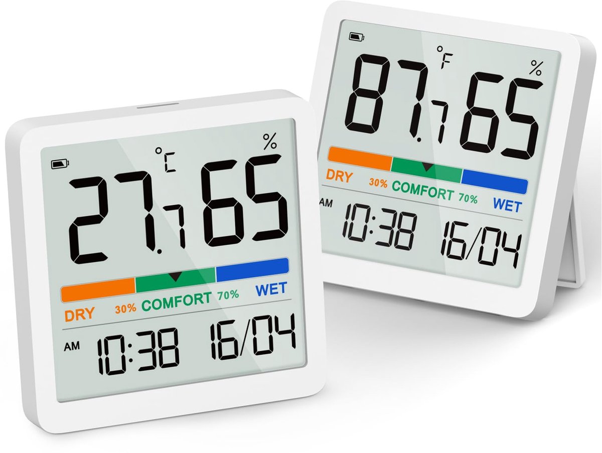 longziming - Thermo-Hygrometer - Thermometer - Hygrometer - Set van 2, met luchtvochtigheidsindicator - Nauwkeurigheid ±1°C en ±3% RH - Handmatige kalibratiefunctie - 3 installatiemogelijkheden, geen boren nodig