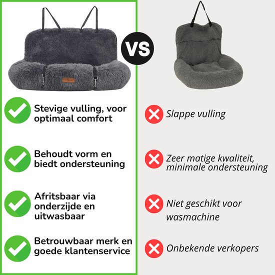Donkergrijs, pluizig autostoeltje voor honden met stevige vulling.