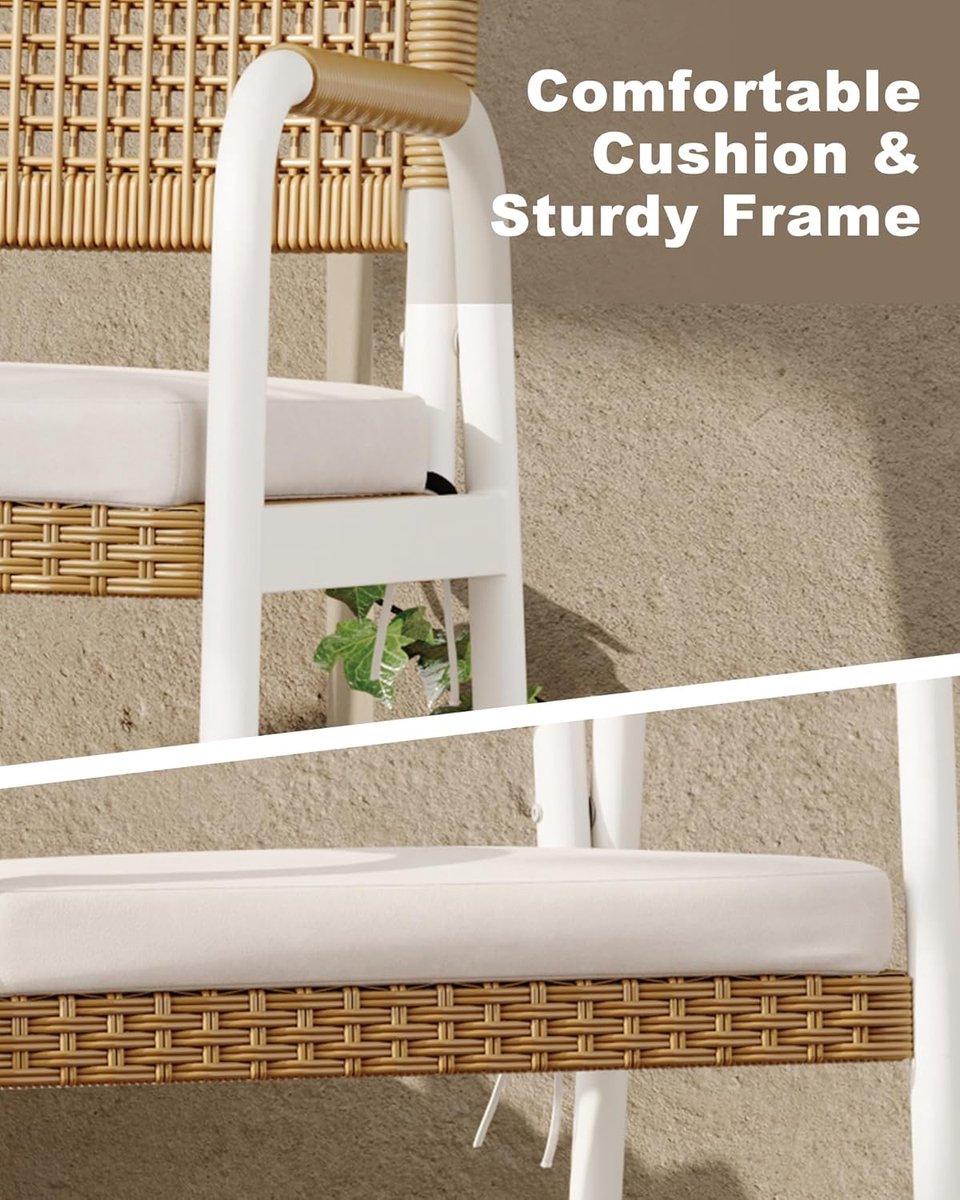 Set van 2 Tuinstoelen inclusief Kussens - Rotan Wicker Balkonstoelen met Metalen Frame - Weerbestendig - Wit & Bruin – foto 3