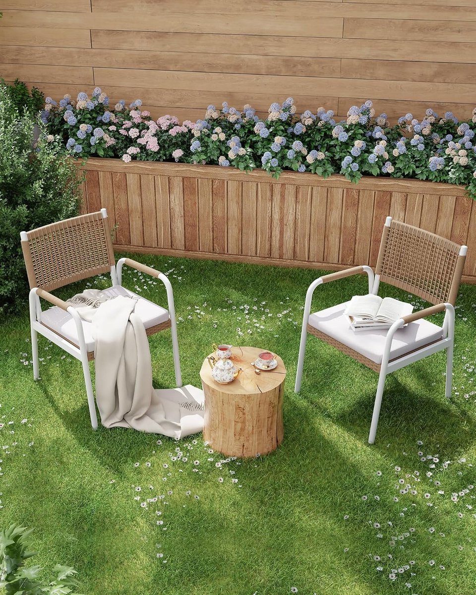 Set van 2 Tuinstoelen inclusief Kussens - Rotan Wicker Balkonstoelen met Metalen Frame - Weerbestendig - Wit & Bruin – foto 6