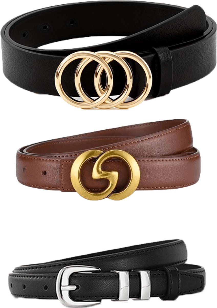 3PCS-Women'S Wide & Slim Faux Leather Belt Set - Versatile Waist Cincher with Golden Buckle, Brown & Black Options for Casual Outfits, Versatile Fashion Belt|Sleek Waist Cincher|Alloy Buckle Belt