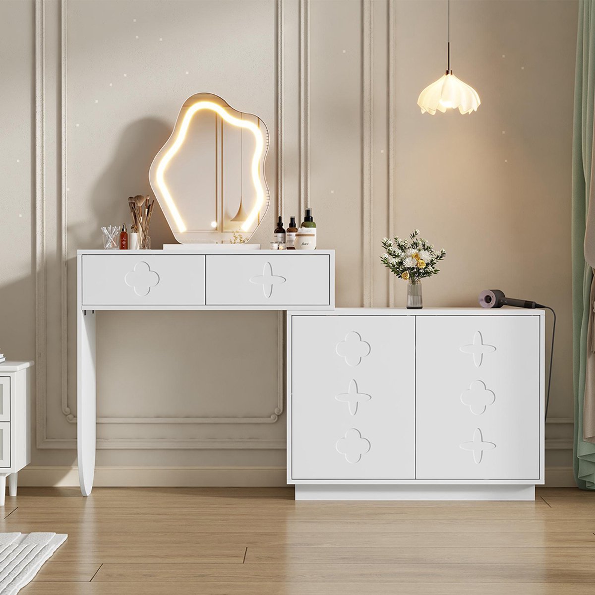BLACKCOLORS Kaptafel met LED-spiegel, lichttemperatuur instelbaar in 3 niveaus – Kaptafel met spiegel, 2 lades en een kast met 4 opbergvakken, voor de slaapkamer, wit, 160 x 40 x 132 cm