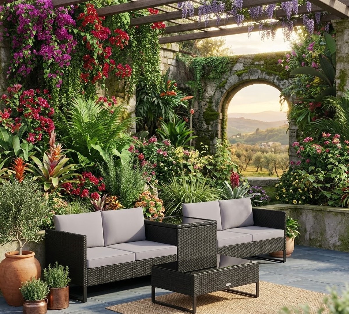 Modulair 4-Persoons Wicker Loungeset met Tafel en Opbergbox – Weerbestendig Tuinmeubel voor Balkon en Tuin – Inclusief Glazen Blad en Comfortabele Kussens