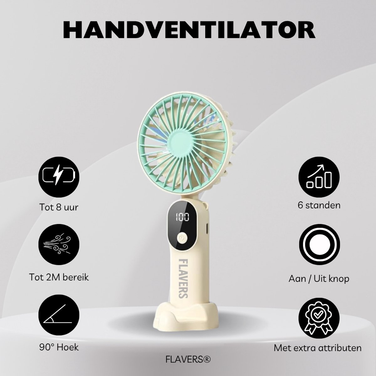 Flavers ® | Handventilator | beige & groen | Mini Ventilator | Hand Ventilator | Mini ventilator Oplaadbaar | Mini Ventilator Usb | USB ventilator | Draagbare ventilator | Digitaal beeld | 6 Standen | Modern — afbeelding 5