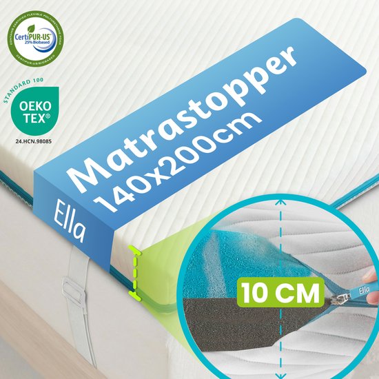 Ella Ergo Topper 140x200 cm - 10 cm Dik Matras Topdekmatras - Matrastopper Gel Infused Traagschuim & Aircell-schuim - Medium Hardheid