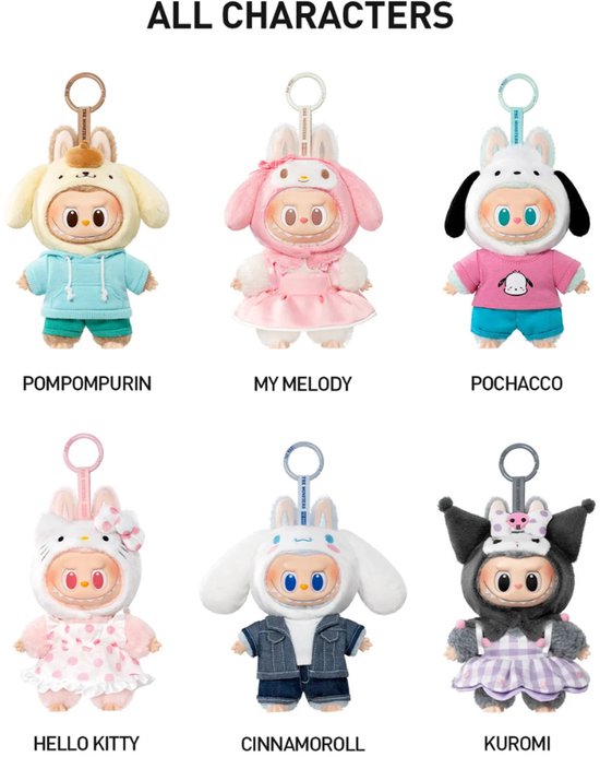 Overzicht van zes Labubu figuren in Sanrio kostuums: Pompompurin, My Melody, Pochacco, Hello Kitty, Cinnamoroll, Kuromi.