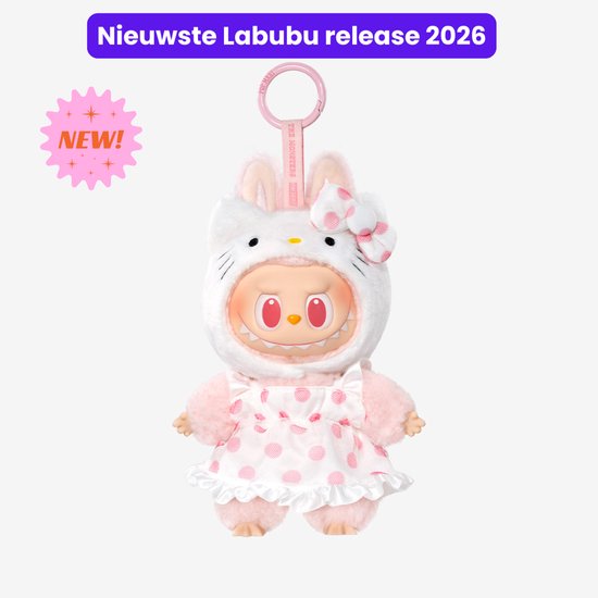Labubu Hello Kitty met witte outfit en roze met stippen jurk, met een rode strik.