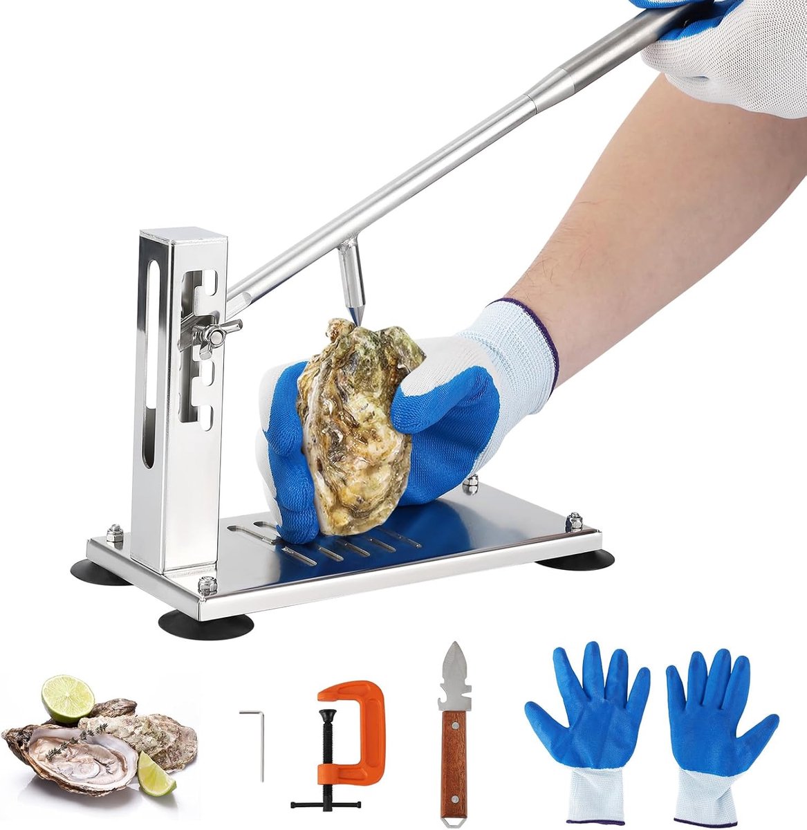 Professionele oester- en mosselopener van roestvrij staal – verstelbaar in 4 standen, met zuignappen, G-klem, mes en snijbeschermende handschoen – voor keuken, thuis en horeca
