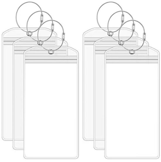 Zes lege transparante tasjes met metalen ringen.