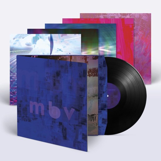 Een vinylplaat met een donkerblauwe hoes met de tekst 'mbv' in paars. Op de achtergrond zijn andere platen te zien met abstracte, kleurrijke patronen.