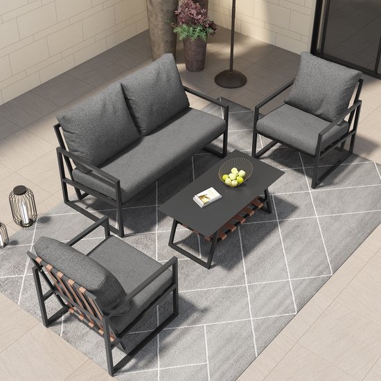 Tuinmeubelset Zwart - Lounge Set voor 4 Personen - Met Bank, Salontafel & Kussens - Afneembare Wasbare Bekleding - Tuinset - Balkonset - Terrasmeubelen