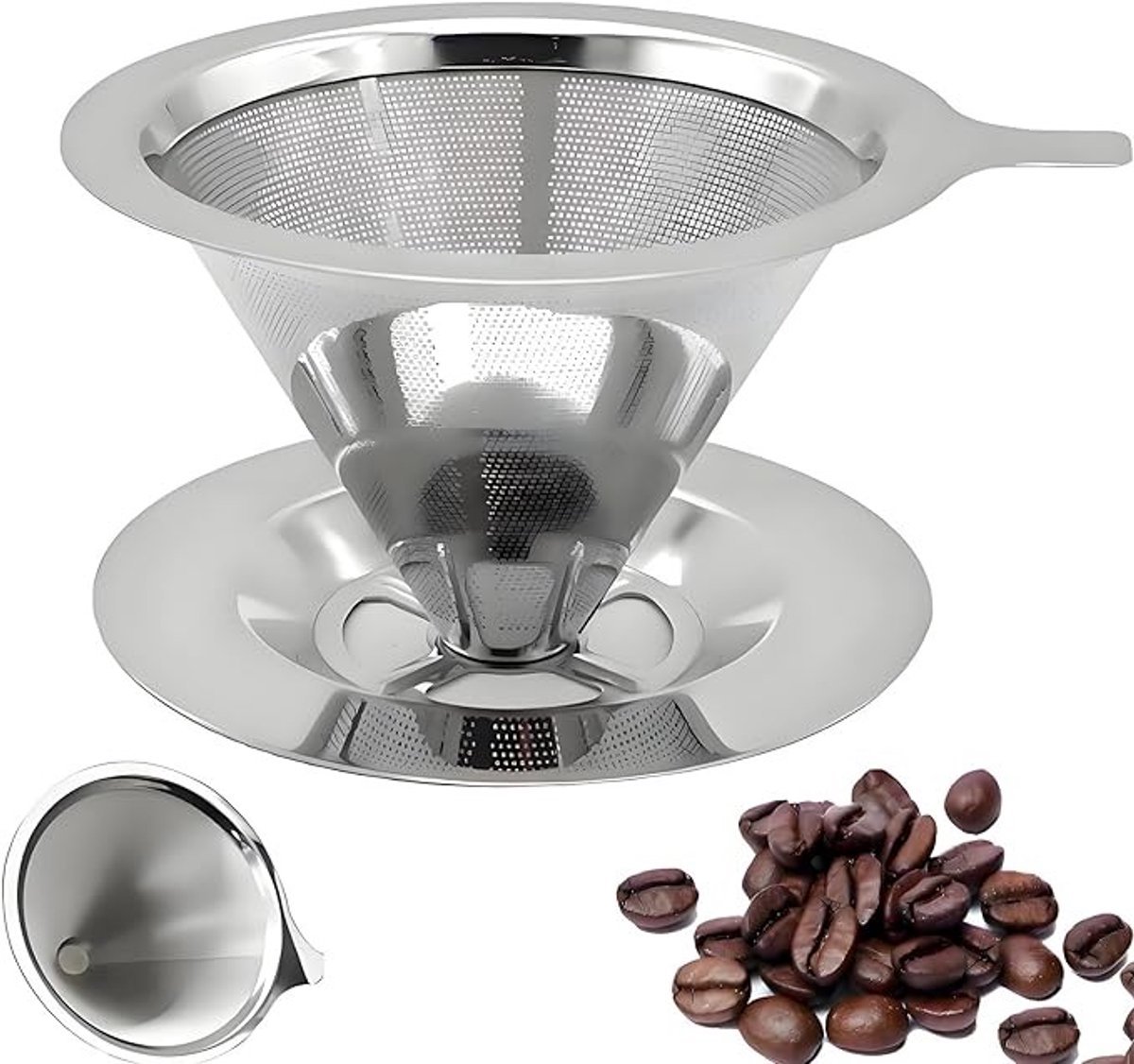 Herbruikbaar koffiefilter van roestvrij staal met sokkel, vaatwasmachinebestendig