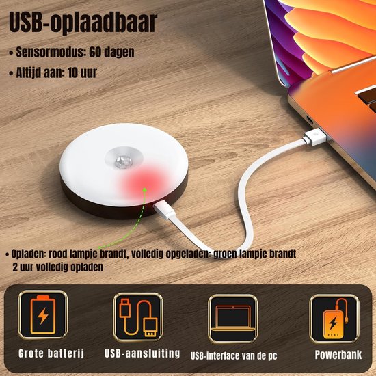 Bedverlichting met bewegingssensor - USB oplaadbare nachtlamp - Kleine LED-nachtlamp - Zwart - 8cm x 8cm x 2cm — afbeelding 3