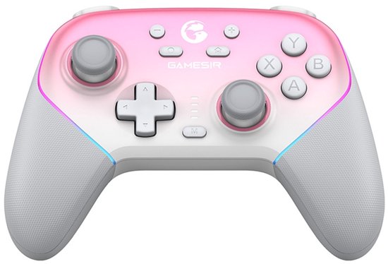 Gamesir controller met roze/witte gradiënt bovenkant, grijze joysticks en witte handvatten.