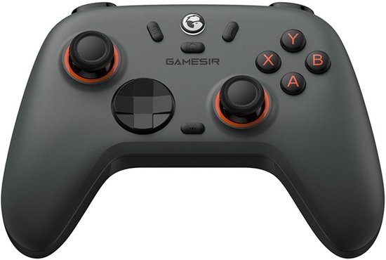 Grijze Gamesir Nova 2 Lite controller met oranje accenten en zwarte joysticks.