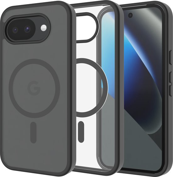 Tweedelige weergave van een grijze telefoonhoes, met een smartphone aan de zijkant.