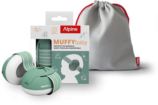 Alpine Muffy Baby oorbescherming in groen, met verpakking en opbergtasje.