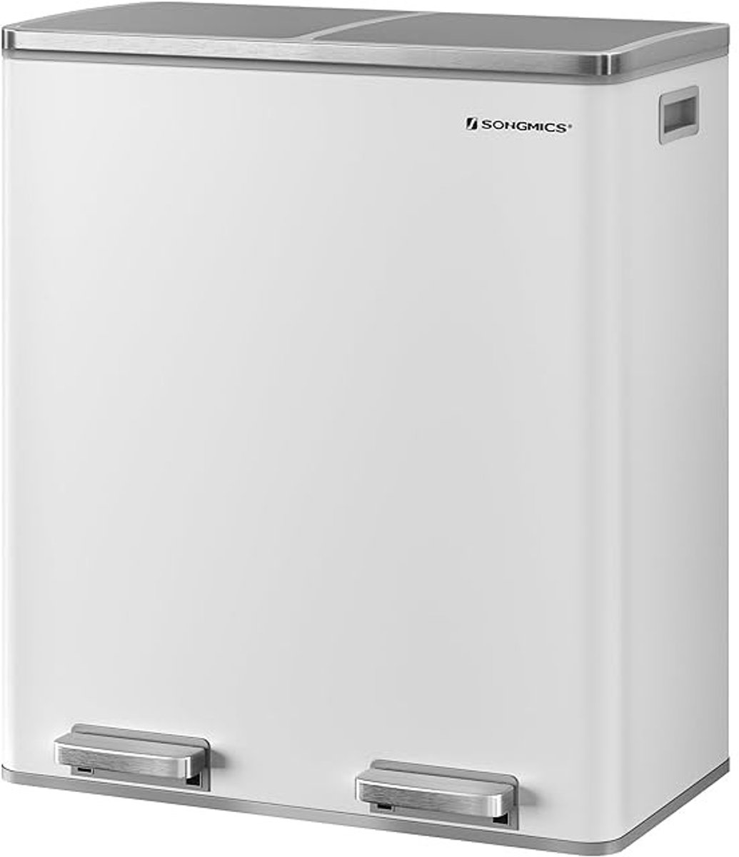 SONGMICS Prullenbak – Prullenbak 60 Liter – 2 vakken (2x30 Liter) – Vuilnisbak 60 Liter - Pedaalemmer 60 Liter – Prullenbak Afvalscheiding – Afvalemmer – Afvalbak Keuken – Wit (+ Gratis 15 Afvalzakken)