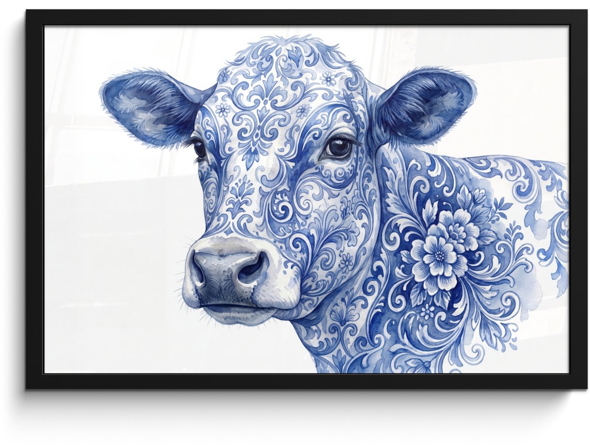 FrameYourWall Poster in lijst - Fotolijst 60x40 cm - Posters - Illustratie - Koe - Blauw - Posterlijst zwart - Decoratie - Wanddecoratie woonkamer - Muurdecoratie slaapkamer