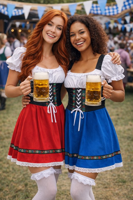 Twee vrouwen in traditionele dirndls, rood en blauw, met bierpullen.