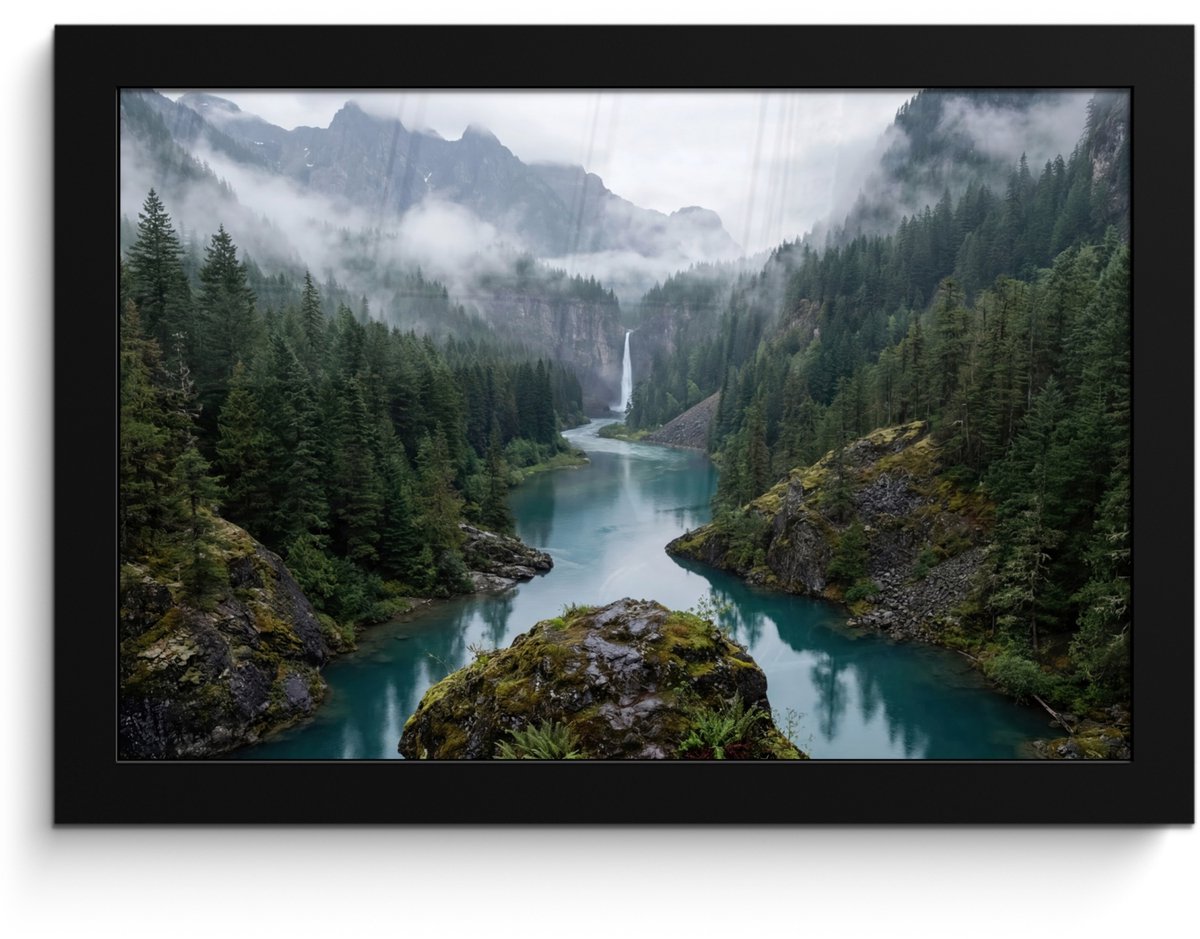 FrameYourWall Poster in lijst - Fotolijst 30x20 cm - Posters - Waterval - Bomen - Bergen - Posterlijst zwart - Decoratie - Wanddecoratie woonkamer - Muurdecoratie slaapkamer