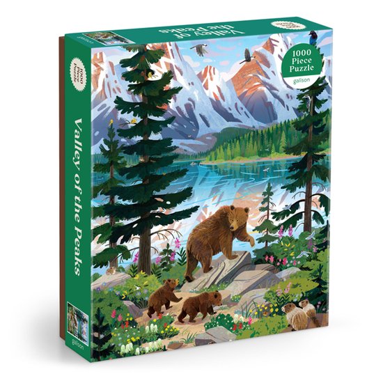 Puzzeldoos met illustratie van beren in de bergen aan een meer. "Valley of the Peaks" 1000 stukjes.