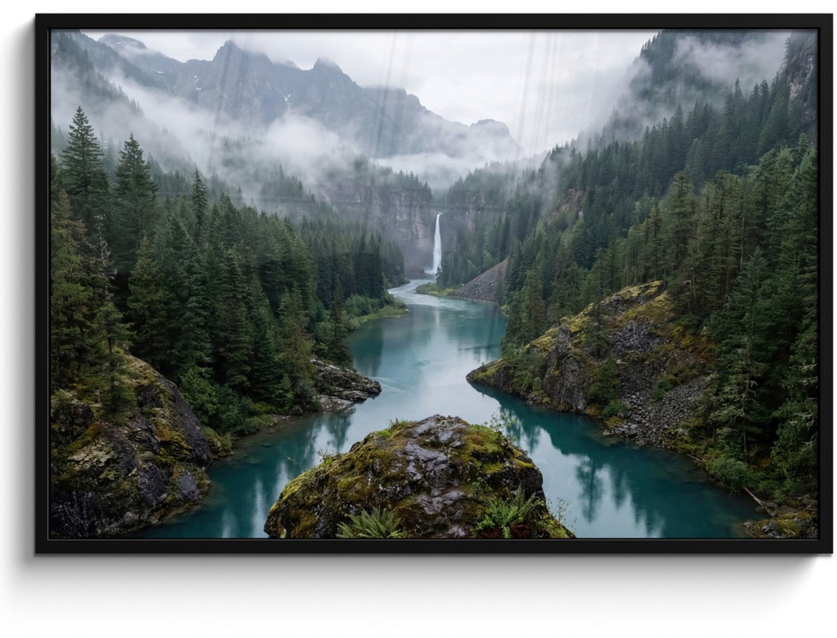 FrameYourWall Poster in lijst - Fotolijst 120x80 cm - Posters - Waterval - Bomen - Bergen - Posterlijst zwart - Decoratie - Wanddecoratie woonkamer - Muurdecoratie slaapkamer