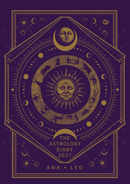 Paarse omslag met gouden astrologische symbolen, de zon, de maan en dierenriemtekens. Titel: THE ASTROLOGY DIARY 2027.