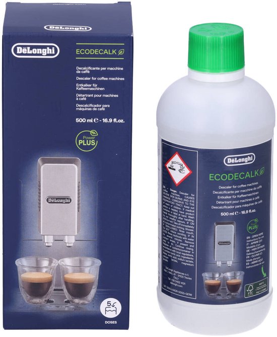 Pak en fles De'Longhi EcoDecalk ontkalker met twee espresso's.