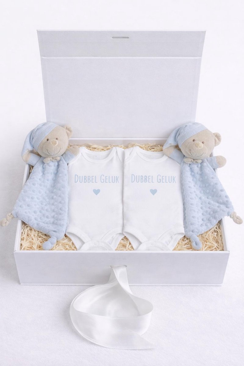 Luxe Tweeling Cadeauset – Baby Giftbox met 2 Rompers “Dubbel Geluk” & 2 Knuffeldoekjes – 0-3 Maanden – Uniek Kraamcadeau - blauw