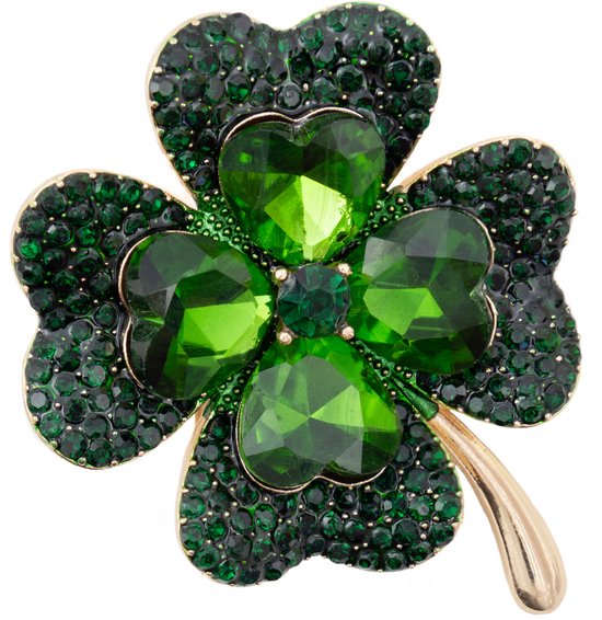 Broche trèfle à quatre feuilles dorée ornée de zircons verts en forme de cœur et ronds.
